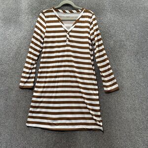 Garnet Hill Cotton Shirt Dress Small Brown‎ Stripe Long Sleeve V Neck Pockets